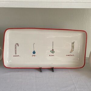 Rae Dunn White Ceramic Holiday Platter with Red Trim 4 round mug collection